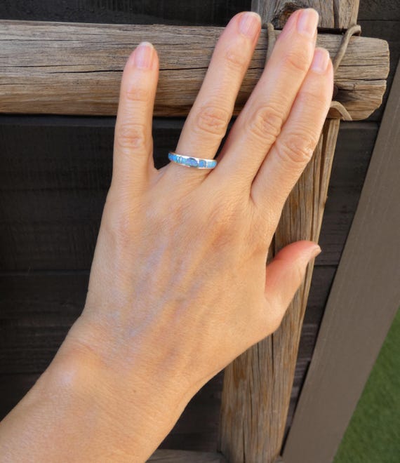Navajo Silver Blue Opal Band Ring For Wife, Native American Blue Opal Wedding Sterling Silver Band, Multiple Sizes