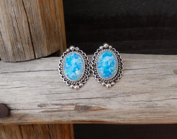 Native American Navajo Sterling Silver Opal Post Earrings