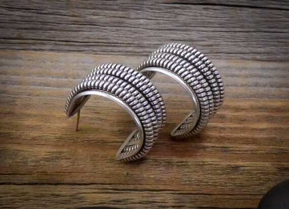 Wide Navajo Sterling Silver Coil Hoop Post Earrin… - image 9