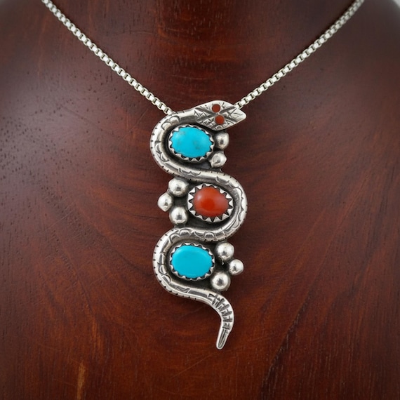 Zuni Turquoise Coral Snake Sterling Silver Pin Pendant By Nieto, Native American Vintage Brooch