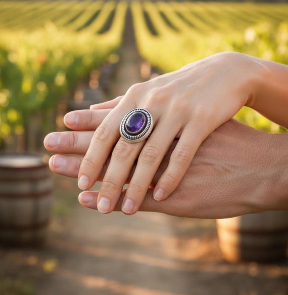 Navajo Sterling Silver Oval Amethyst Ring Size 7.5, Women's Native American Ring