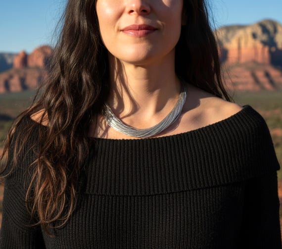 Liquid Silver Necklace Native American 16 Inch adjustable length, 50 Strand
