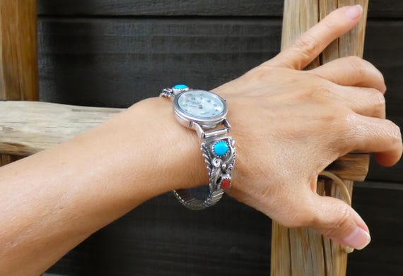 Native American Navajo 925 Sterling Silver Turquoise Coral Watch For Women