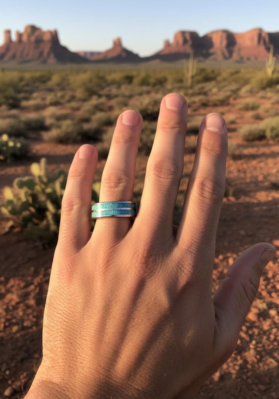Turquoise Wedding Anniversary Band Ring: Your Choice His & Hers Inlay Tungsten Band Ring