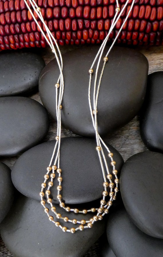 Native American Liquid Sterling Silver 12KGF 3 Strand Necklace 23.5 Inch