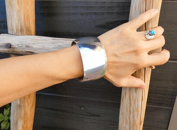 Wide Navajo Plain Silver Bracelet, Native American Sterling Silver Wide Cuff