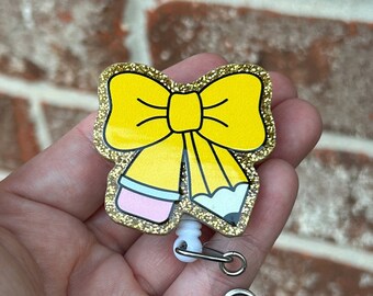 teacher badge reel, school badge reel, educator badge reel, bow badge reel, pencil badge reel