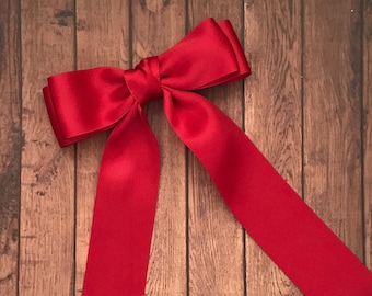 long tail bow, red bow, satin bow, boutique bow,  hairbow