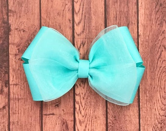 Easter hairbow, boutique bow,  hairbow, aqua bow, aqua organza bow