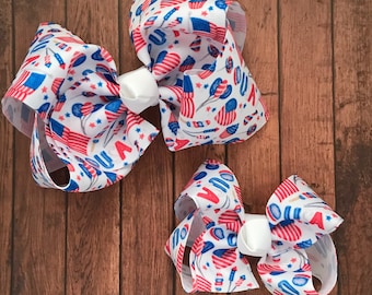 4th of July hairbow, boutique bow, USA bow, red white and blue bow, July 4 hairbow, patriotic bow, patriotic hairbow, USA hairbow