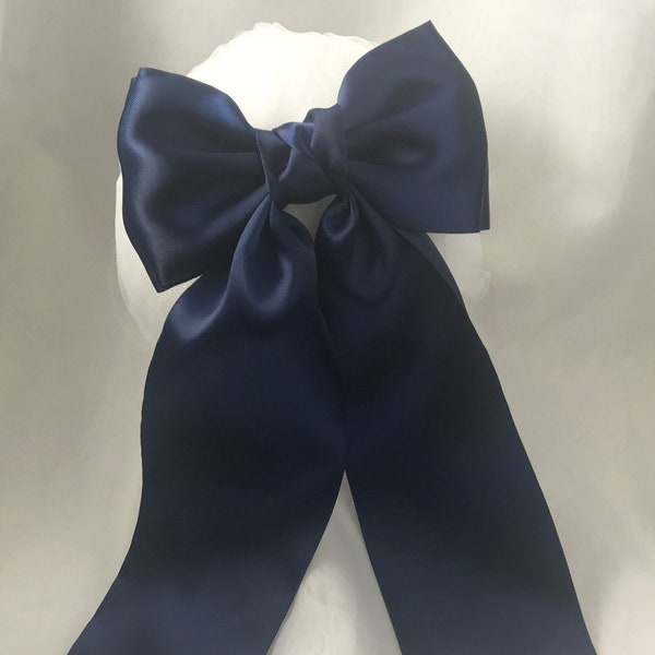 long tail bow, navy bow, satin bow, boutique bow,  hairbow, coquette bow