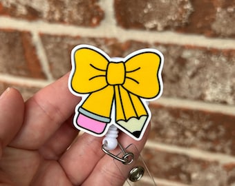 Pencil bow teacher badge reel, teacher badge reel, school badge reel, educator badge reel
