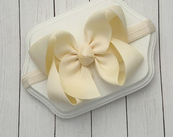 Baby Headband, bow headband, stretchy bow headband, infant headband, ivory bow headband, baby headband, newborn headband, ivory bow band