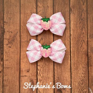 Pink strawberry pigtail bows, strawberry piggies, strawberry bow