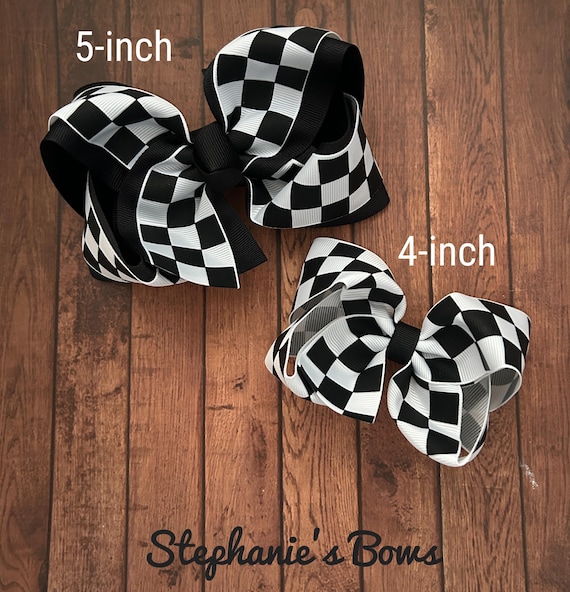 Checkered flag bow, Racecar bow, checkered hairbow, black and white bow, racing flag bow, black and white checkered bow, car racing bow