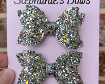 Silver Glitter Pigtail Set, silver hairbows, silver glitter bows, silver hairbow, silver toddler bows, small silver bows, glitter bows