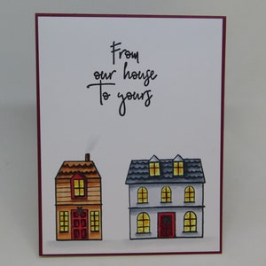 Christmas Card.  From Our Houe to Yours.  Hand Stamped and Hand Colored Christmas Card.