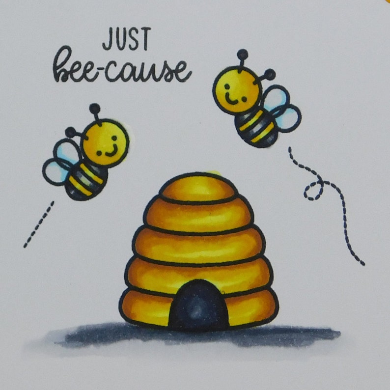 Beehive and Bees Hand Stamped and Hand Colored using Copic Markers. Friendship Card