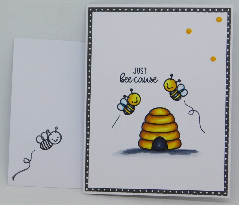 Beehive and Bees Hand Stamped and Hand Colored using Copic Markers. Friendship Card