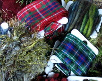 Outlander Textural Elements 50yd 25x2 . Fiber Art Yarn Fraser MacKenzie Plaid Ribbons Painted Wools Chiffon Sari Silk Grab Bag Bundle