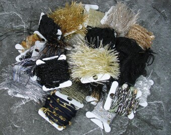 Starlight Ball Paintbrush 50yd 25x2yd . Novelty Fibers Specialty Art Yarn Grab Bag Bundle . Black Metallic Silver Metallic Gold & Sequins