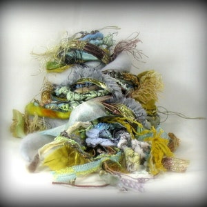 Cypher Elements 17yd 17x1 Fiber Art Yarn Bundle . Textile Craft Kit . Mustard Blue Tan Gray . Wools Sari Silk Specialty Ribbons Pearls