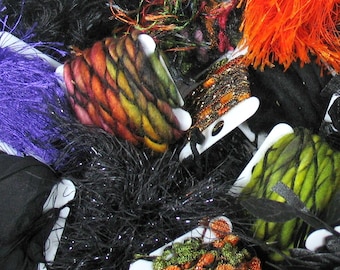 Witch Way to the Party? Textural Elements 50yds 25x2yds . Wools Sari Silk Leaves Novelty Yarns Grab Bag . Halloween Inspiration Yarn Pack