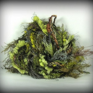 The Glades Elements 12yd 6x2 Fiber Art Yarn Bundle . Mixed Media . Painted Yarn Specialty Ribbons Novelty Textiles . Moss Sage Yellow Bronze