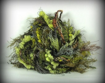 The Glades Elements 12yd 6x2 Fiber Art Yarn Bundle . Mixed Media . Painted Yarn Specialty Ribbons Novelty Textiles . Moss Sage Yellow Bronze