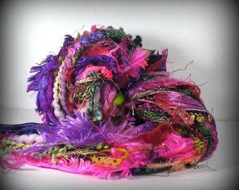 Bougainvillea Elements 24yd Fiber Art Yarn Bundle . Fuchsia Purple Hot Pink Green . Hand Crafted Yarns and Ribbon