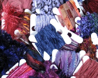 Twilight Textural Elements 50yd 25x2yd . Hand Dyed Yarns/Ribbon/Chiffon Mixed Fiber Grab Bag Bundle . Mixed Media Journal Scrapbook Weaving