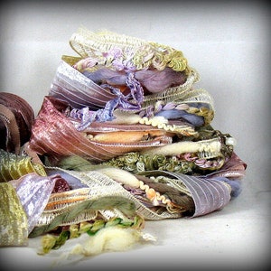 Lyrique Elements 12yd Fiber Art Yarn Bundle . Scrapbook Mixed Media Junk Journal Weave . Pink Blue Mauve Cream Peach Novelty Art Yarn Bundle