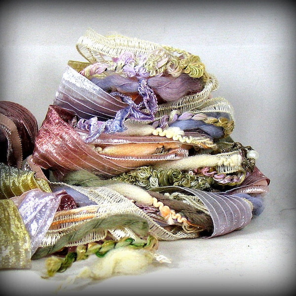 Lyrique Elements 12yd Art Yarn Fiber Bundle . Textile Craft Kit . Specialty Ribbons Pearls Luxury Yarns . Pink Taupe Blue Mauve Cream Peach