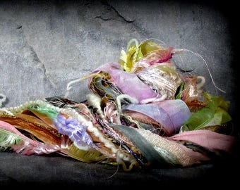 Cabbage Rose Elements Shabby Cottage Chic Art Yarn Bundle 26yds Featuring Hand Crafted Art Yarns Ribbons Recycled Sari Silk