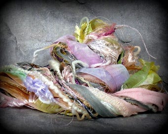 Cabbage Rose Elements Art Yarn Bundle 26 yds. Recycled Sari Silk Ribbon Hand Dyed Yarn/Ribbon