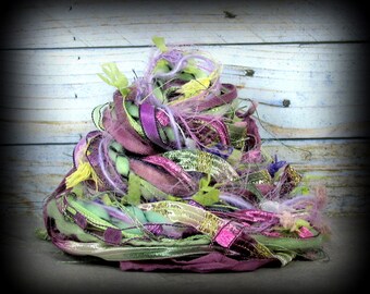 Sweet Pea Elements 20yd 10x2yd Fiber Art Yarn Bundle . Hand Dyed Merino Wool/Ribbon/Sari Chiffon Pearls