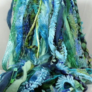Caribbean Blue Elements 26yd 13x2 Art Yarn Fiber Bundle . Mixed Media Journal . Turquoise Aqua Teal . Spun Wools Sari Silk Luxury Yarns Pack image 1