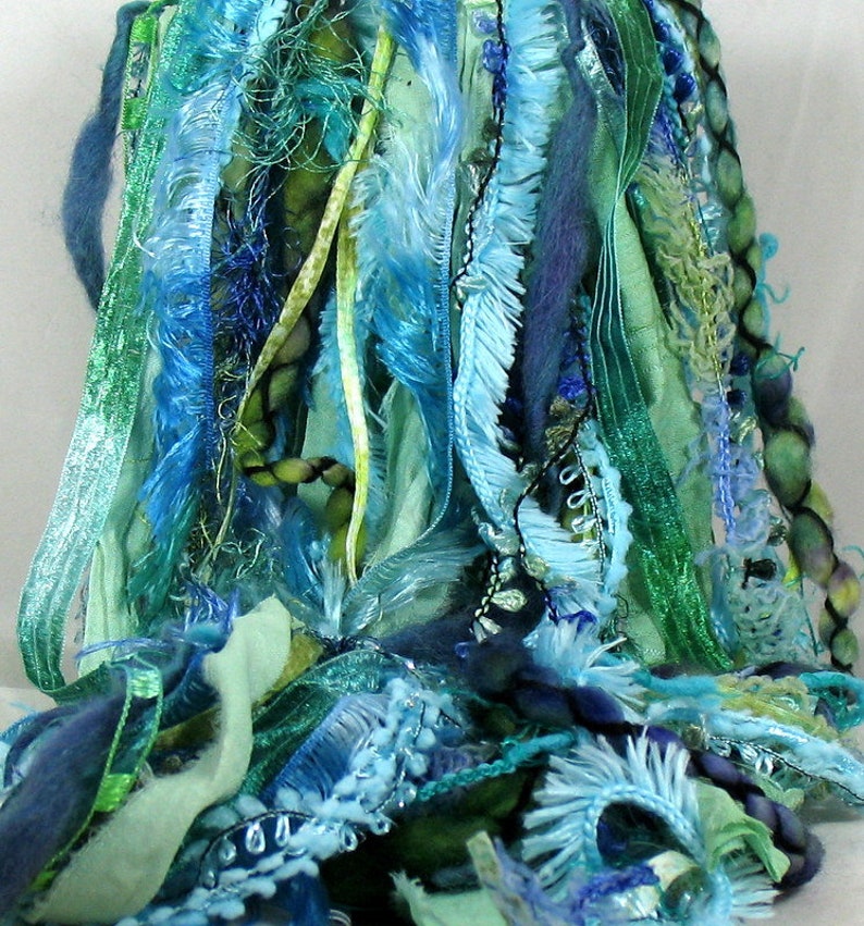 Caribbean Blue Elements 26yd 13x2 Art Yarn Fiber Bundle . Mixed Media Journal . Turquoise Aqua Teal . Spun Wools Sari Silk Luxury Yarns Pack image 1