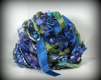 Stained Glass Elements 9x2 18yd . Art Yarn Fiber Bundle . Teal Cobalt Purple . Handspun Wool Specialty Ribbons Sparkle Luxury Yarns Pack