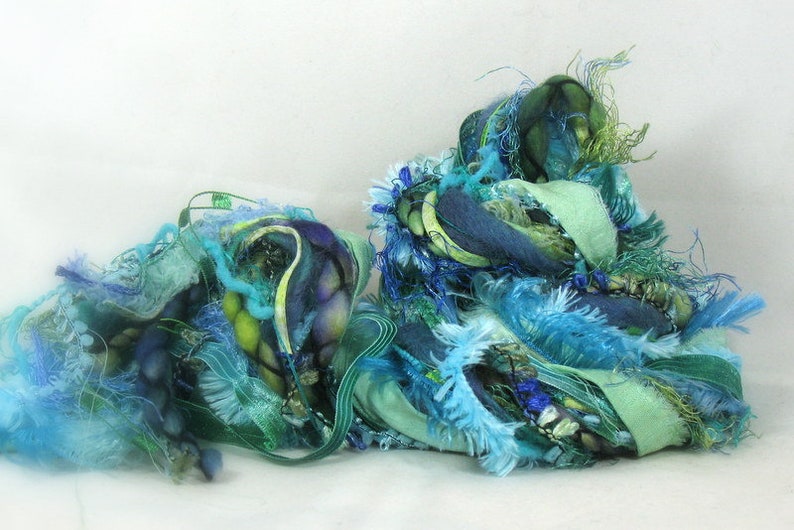 Caribbean Blue Elements 26yd 13x2 Art Yarn Fiber Bundle . Mixed Media Journal . Turquoise Aqua Teal . Spun Wools Sari Silk Luxury Yarns Pack image 2