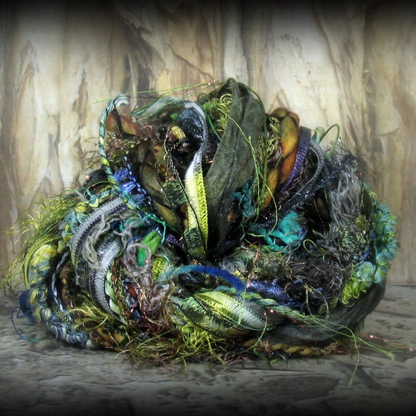 Primordial Forest Elements 26yd 13x2 Fantasy Fiber Art Yarn Bundle . Mixed Media Journal .  Ribbons Painted Wool/Sari Silk Luxury Yarns Pack