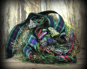 Clan MacKenzie Christmas Elements 12yd Fantasy Art Yarn Bundle . Outlander Fiber Art Crafts .Wool MacKenzie Plaid Ribbon Blue Green Red