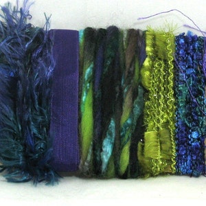 Aurora's Smile Elements 6x2 12yd Fantasy Fiber Art Yarn Bundle . Purple Cobalt Chartreuse . Wool Specialty Ribbons Luxury Yarns Sampler Pack