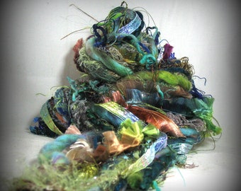 Lost City Elements 30yd 15x2 Fiber Art Yarn Bundle . Mixed Media Journal . Handspun Painted Wools/Ribbon Luxury Yarns Specialty Ribbons