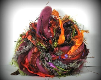Sugarplum Faerie Elements 26yd Fantasy Art Yarn Bundle . Sari Silk Handspun Wool . Berry Raisin Red Moss Sage Orange Rust