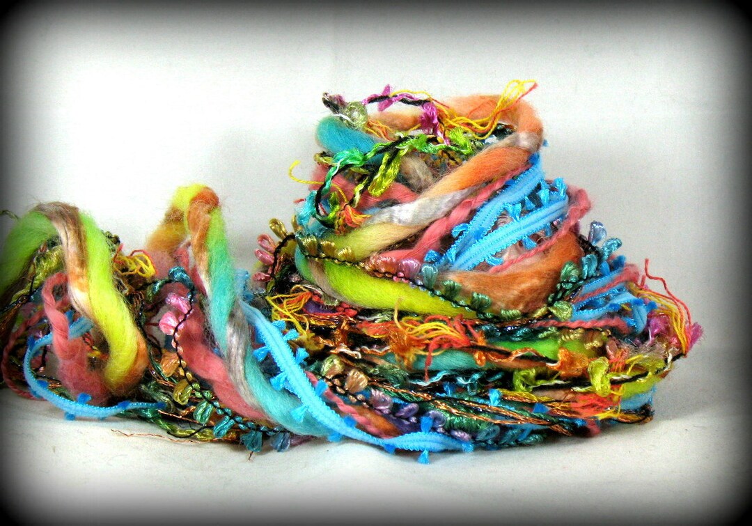 Mardi Gras Elements 12yd 6x2 Art Yarn Fiber Bundle . Mixed Media Crafts . Coral Turquoise Gold