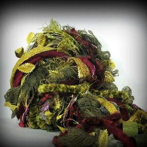 Camelot Christmas Elements 26yd 13x2yd Fiber Art Yarn Bundle . Wool Specialty Ribbons Leaves . Moss Olive Gold Berry