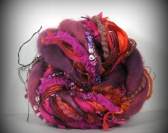 Magic Jammies Elements 26yd Fiber Art Yarn Bundle . Fuchsia Red Orange Pink . Wool Velvet Specialty Ribbons Luxury Yarn Pack