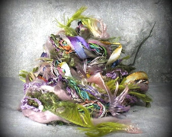 Pixie Boots Fantasy Elements 12yd Floral Art Yarn Bundle . Hand Dyed Ribbon Pearls . Mauve Moss Cobalt Sage Violet Gold Blue