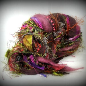 Sugarplum Faerie Elements 26yd Fantasy Fiber Art Yarn Bundle . Berry Plum Raisin Moss Rust . Dyed Ribbon Sari Silk Wool Luxury Yarns Sampler
